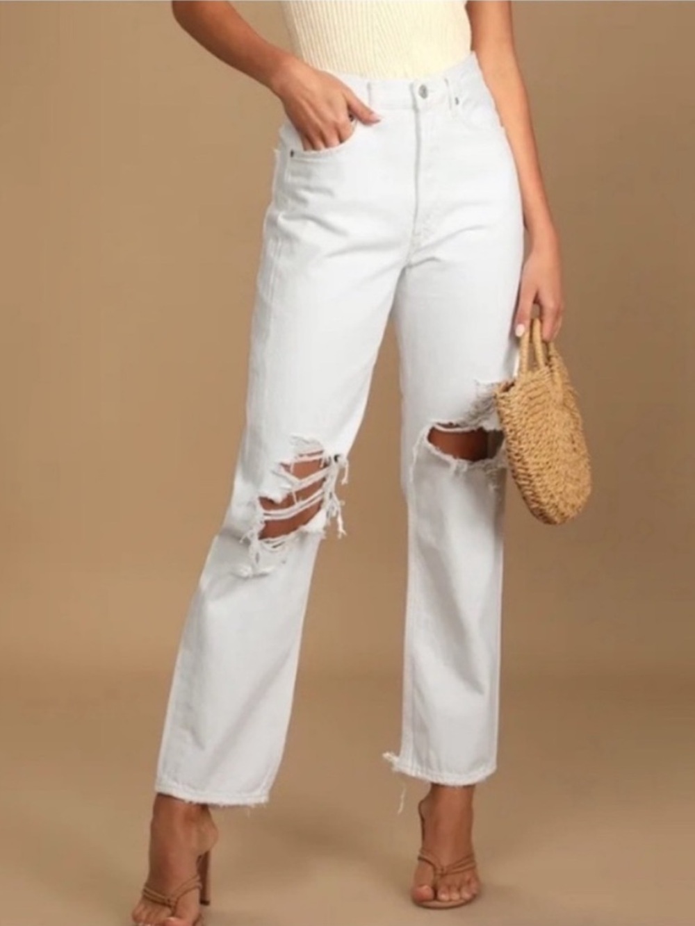 Agolde White Distressed Straight-Leg Jeans